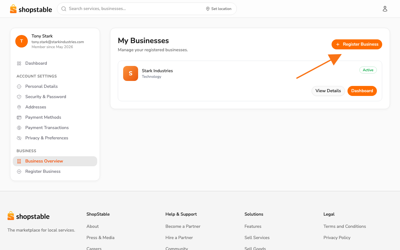 My Businesses — your registered businesses, with the Register Business button top-right.