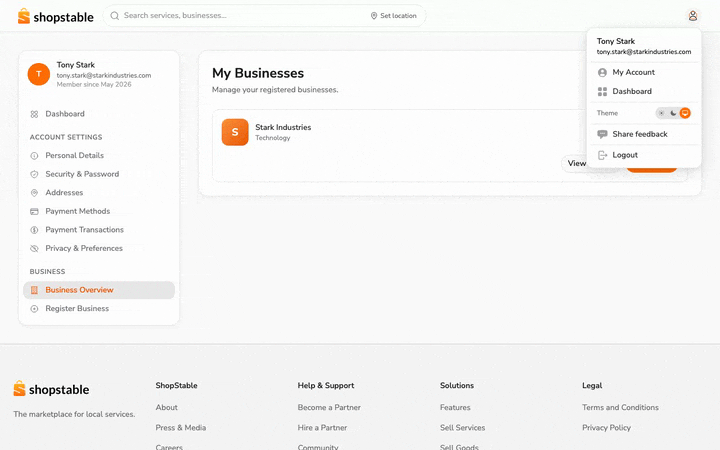 Open the user menu in the top-right and click Dashboard to enter your business dashboard.