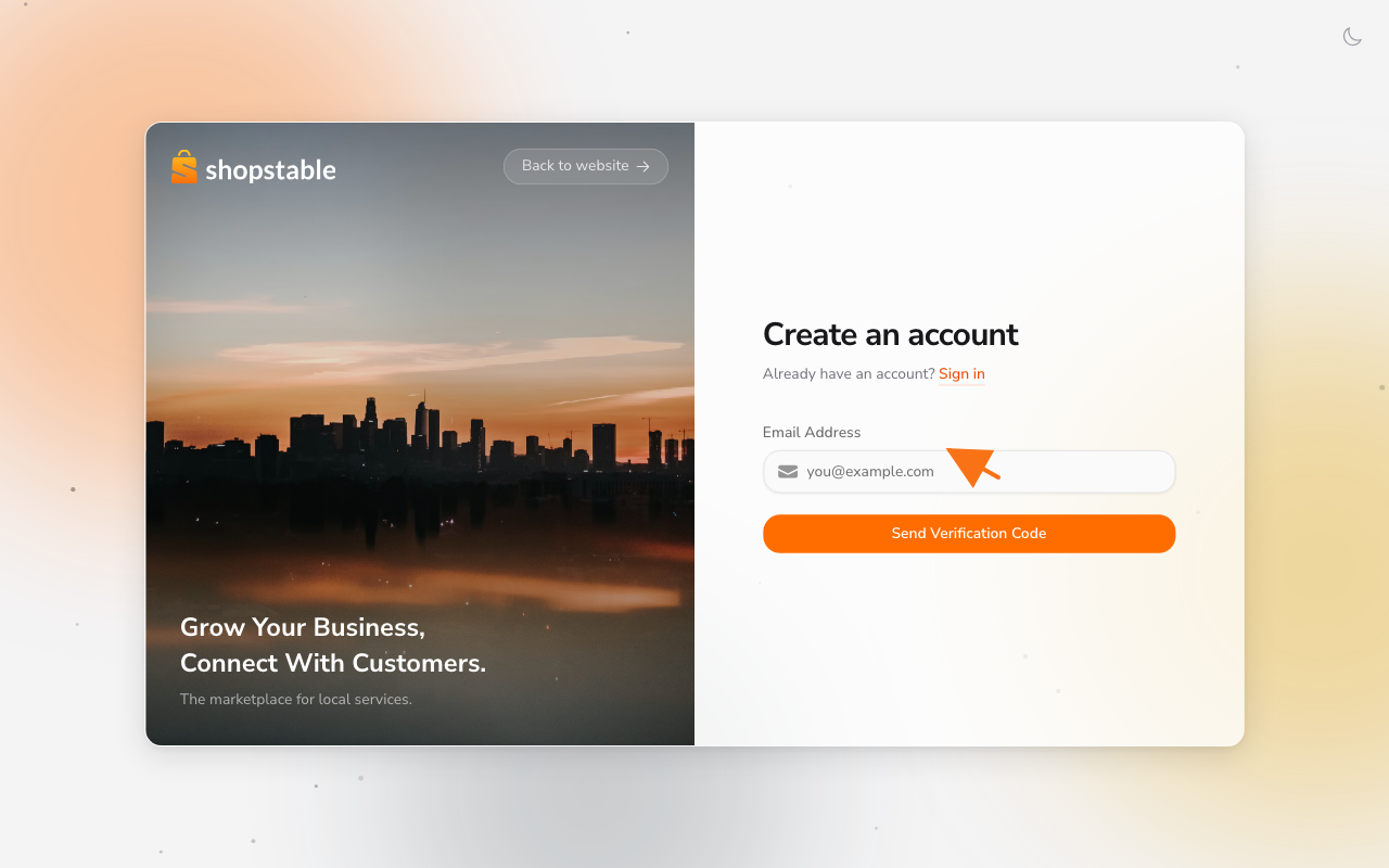 The sign-up form on /register — enter your email to receive a verification code.
