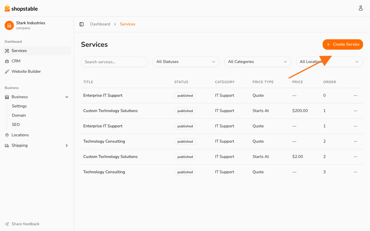 The Services page in your dashboard — the Create Service button is top-right.