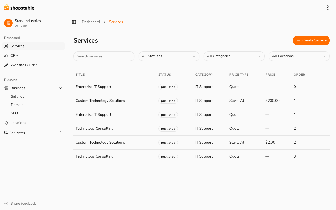 The business dashboard. The left sidebar groups every management area; the active business is shown at the top.