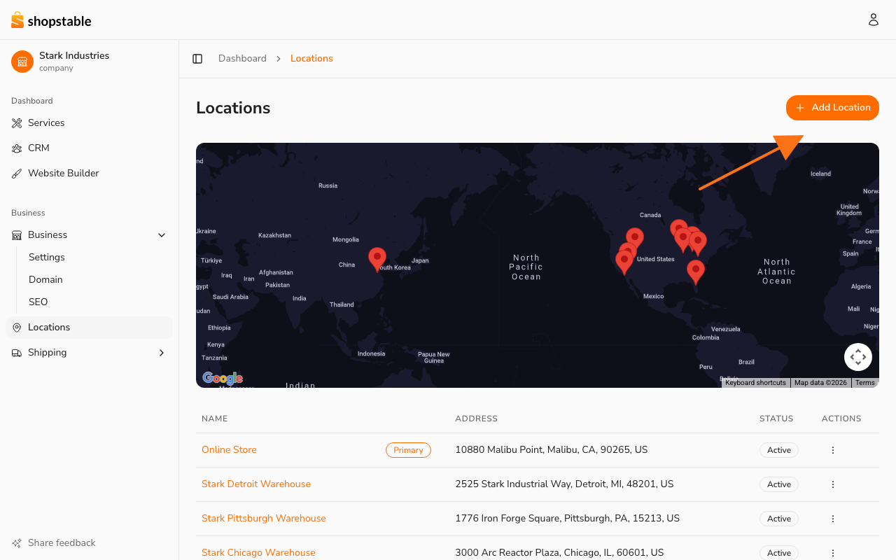 The Locations page in your dashboard — Add Location is in the top-right.
