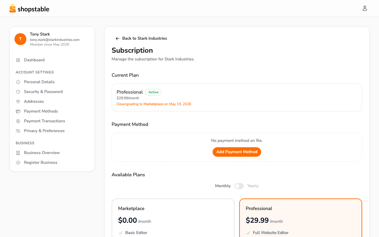 Your business subscription page — current plan, next billing, payment method, and billing history.