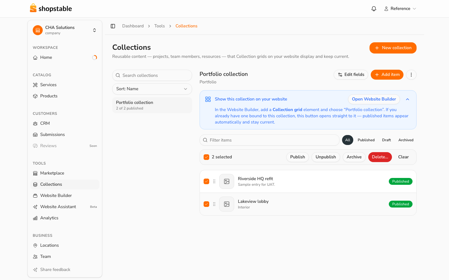 Status chips filter the list; checkboxes select items for bulk actions.