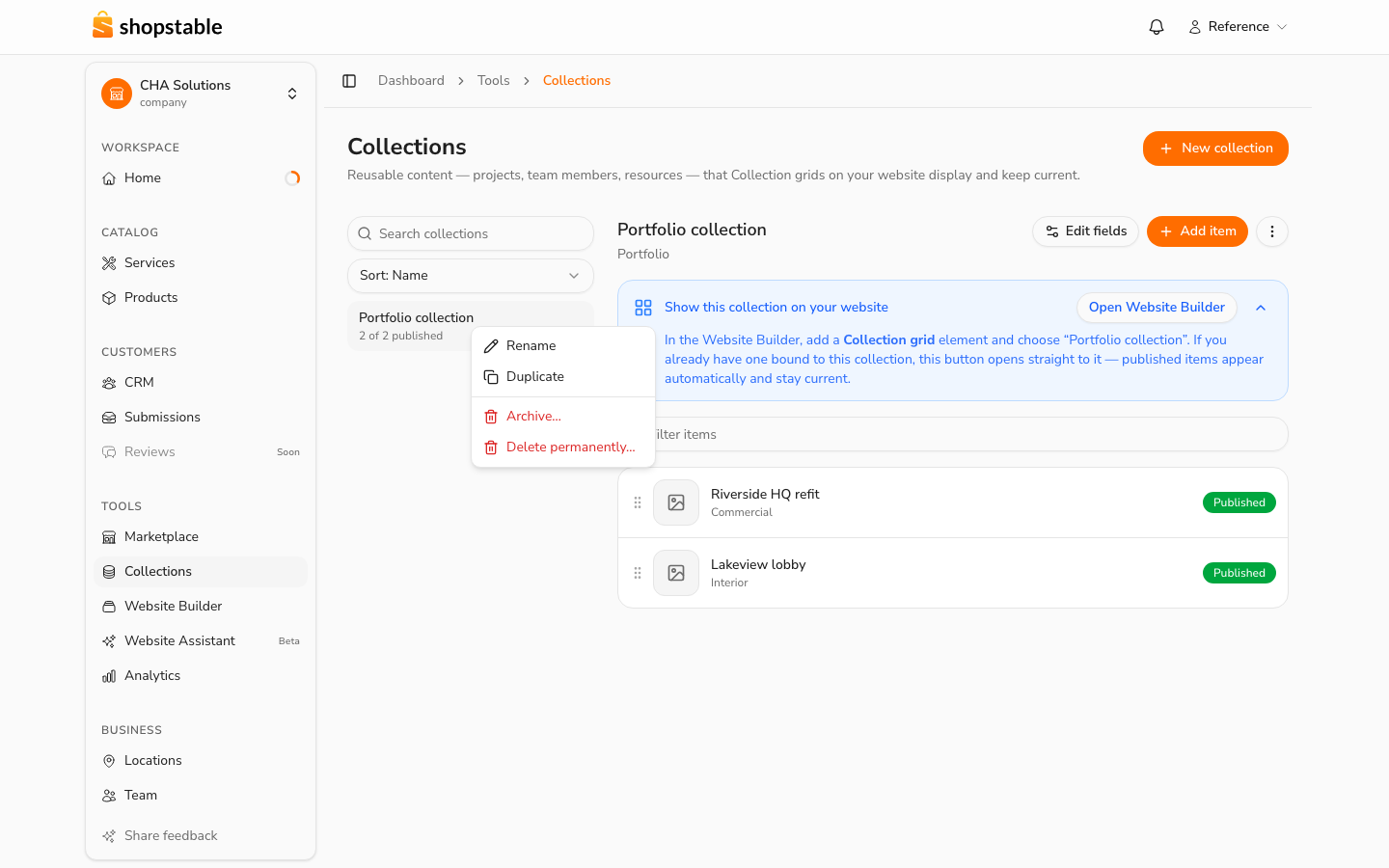 Right-click a collection for rename, duplicate, archive, and delete.