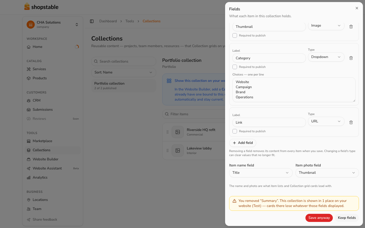 Removing a field warns you when the collection is live on your site.