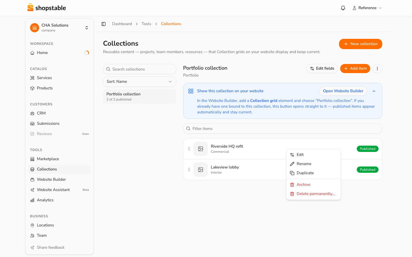 Right-click an item for edit, rename, duplicate, publish, archive, and delete.