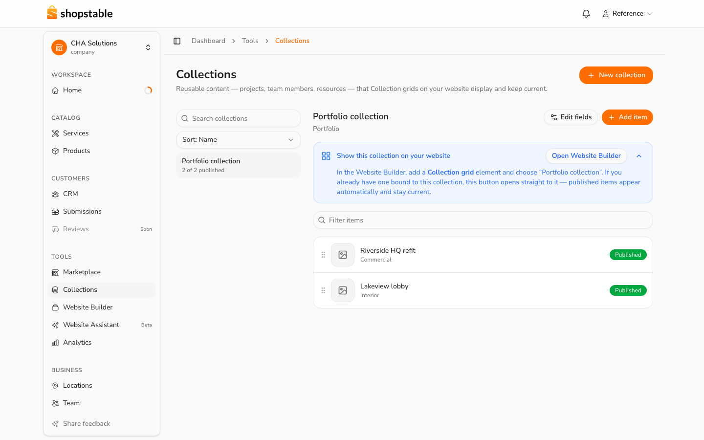 The Collections manager — collections on the left, the selected collection's items on the right.