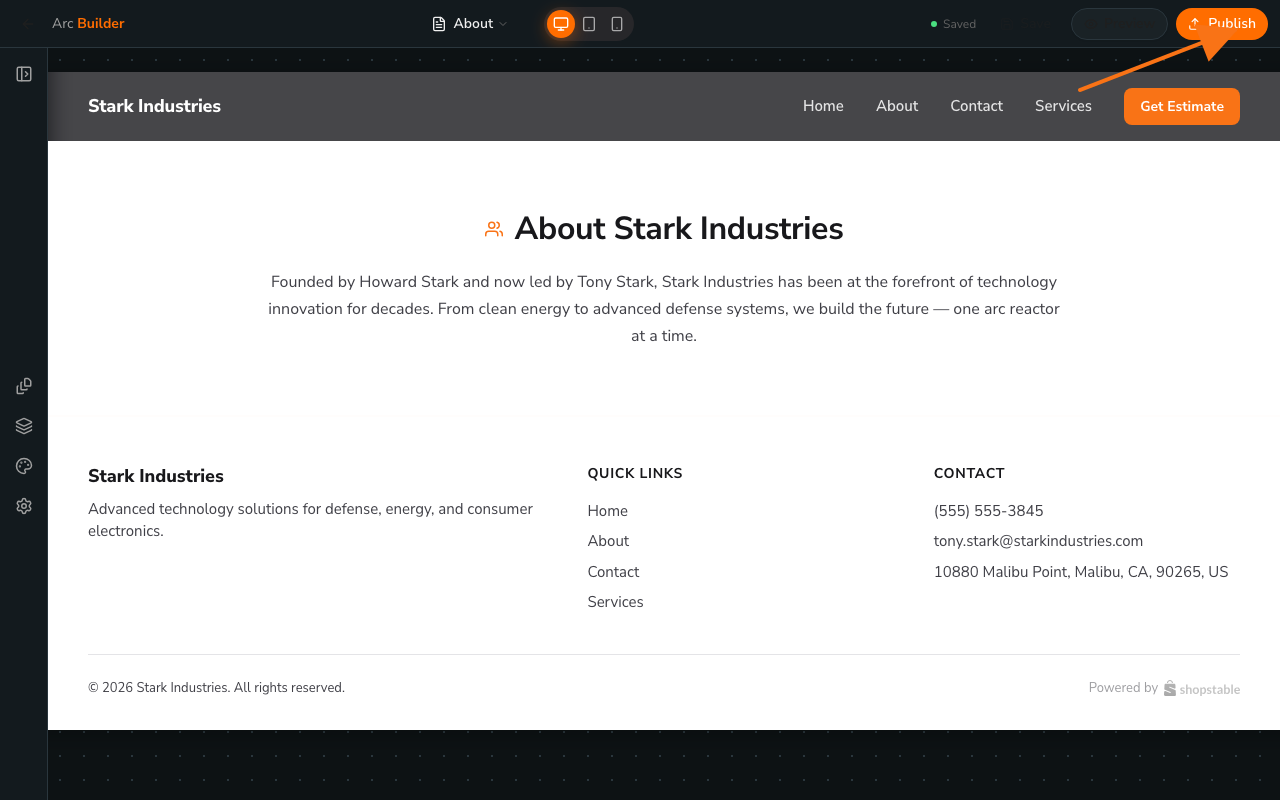 Click the Publish button in the editor top bar to push your draft live.