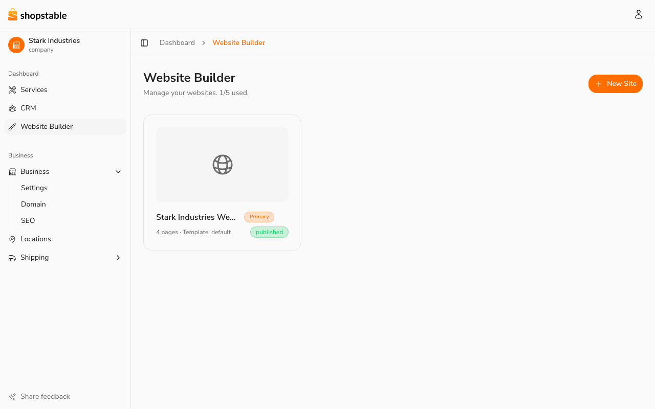Website Builder home — every site you've created, with status badges.