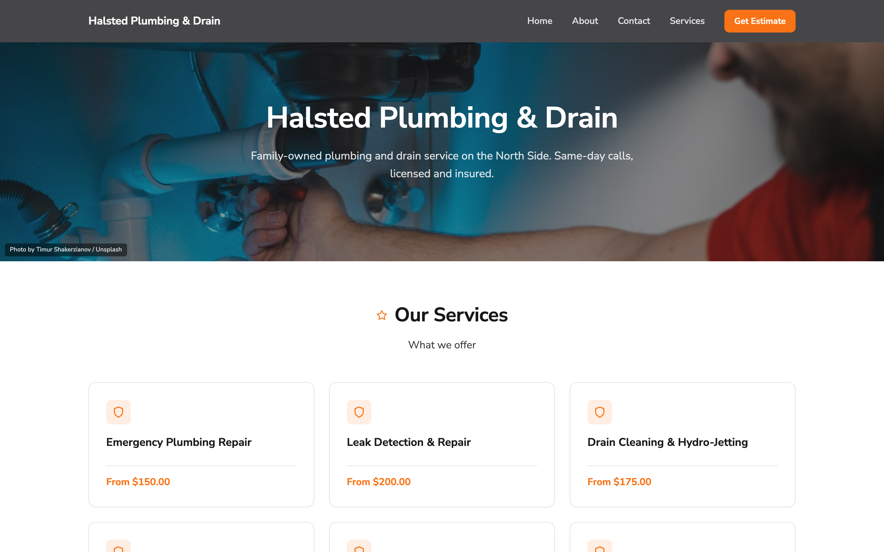 A Chicago plumber's professional website built with ShopStable, with a working plumber hero photo and listed services and prices