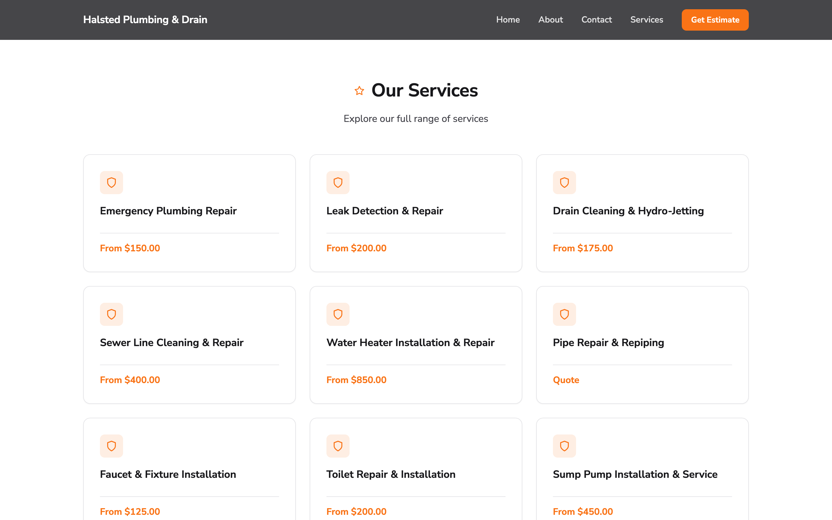 A Chicago plumber's services page published with the ShopStable site builder, listing real services and prices