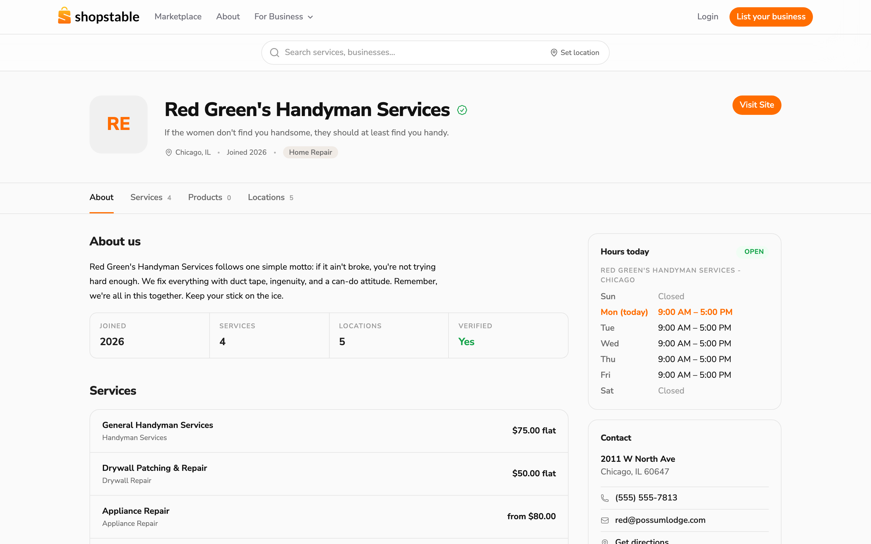 A ShopStable marketplace profile where local customers discover a business and send inquiries