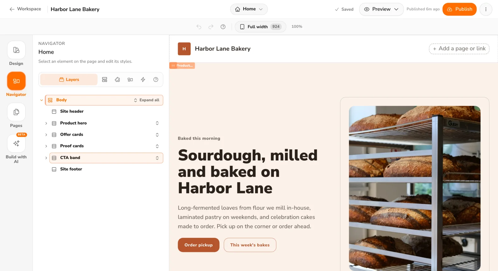 The Website Builder editing a bakery home page, with the page navigator beside the live canvas