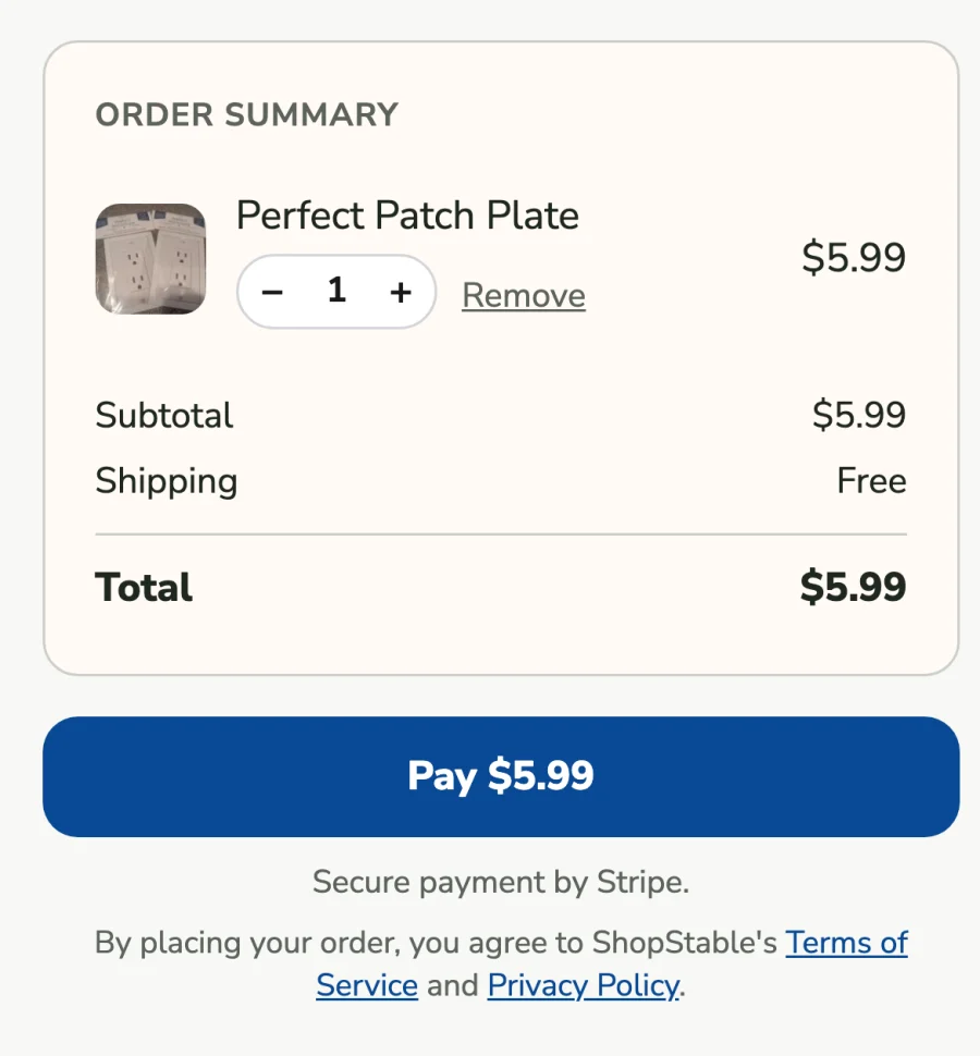 A storefront checkout summary in the merchant's own colors, with a Pay button and Stripe security note