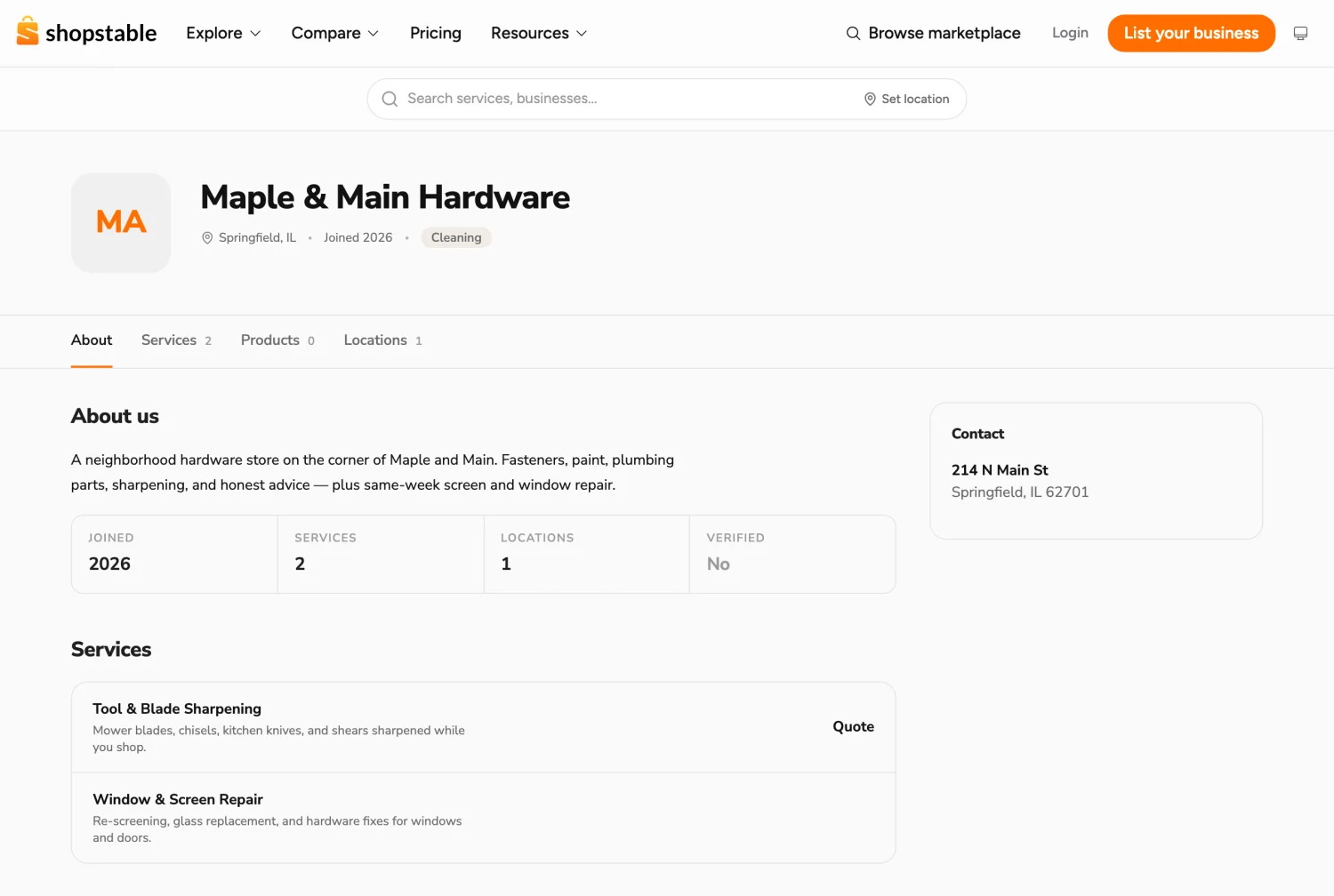 A business listing in the ShopStable marketplace: name, location, services with prices, hours, and contact details