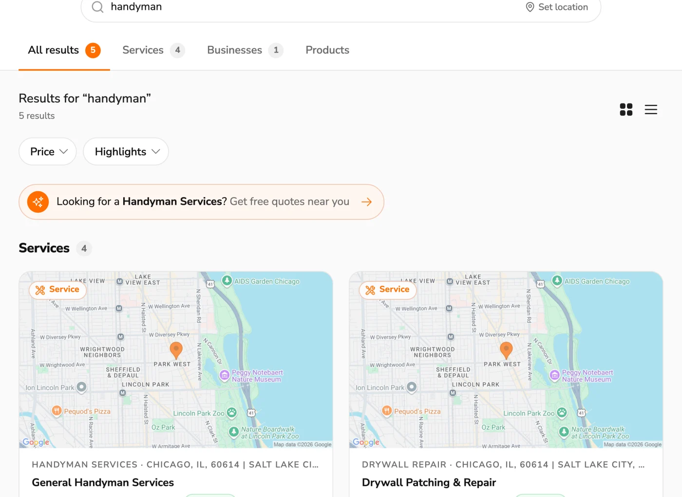 ShopStable marketplace search for "handyman": results tabs with counts and a prompt to get free quotes nearby