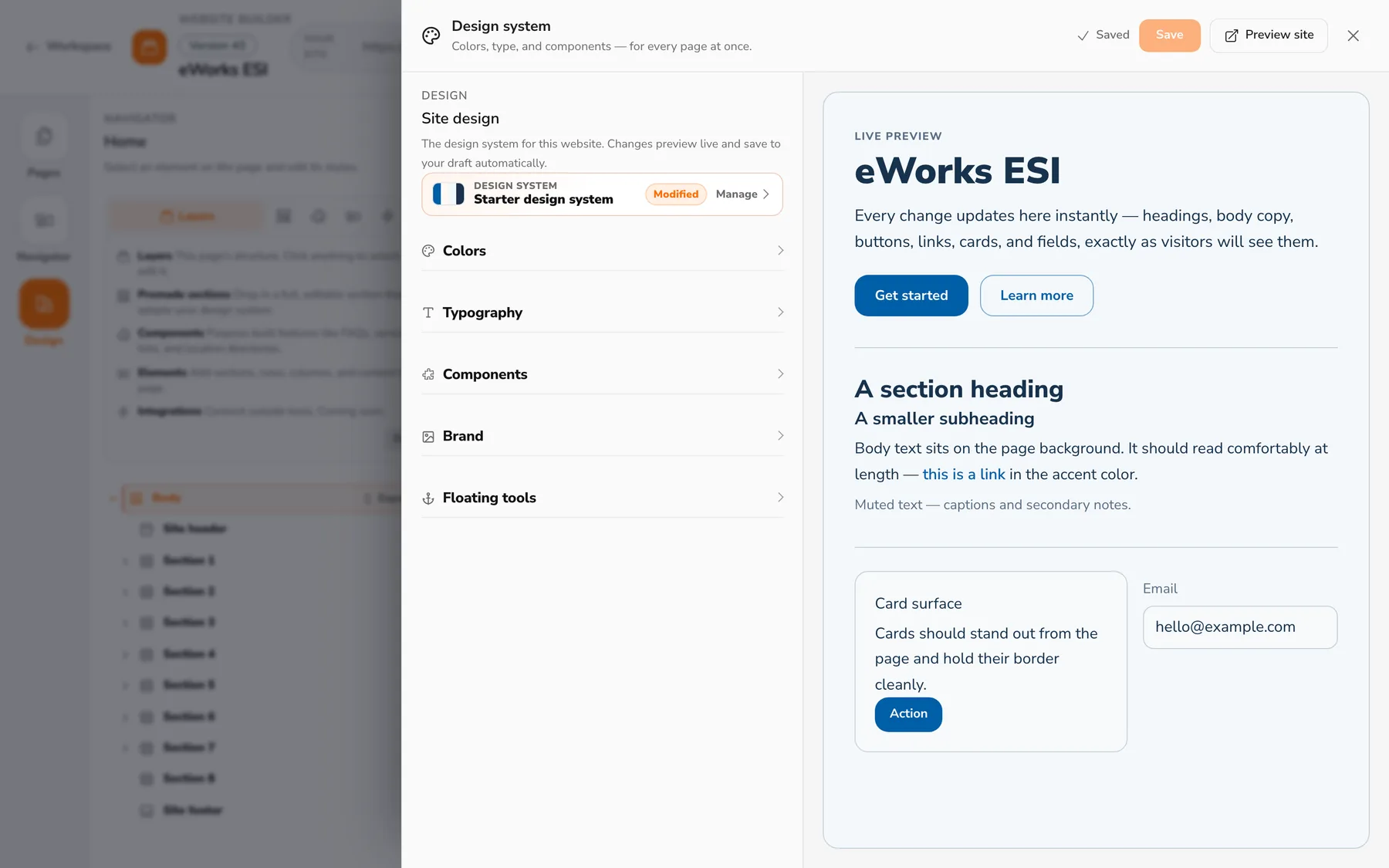 The Design page: colors, typography, components, and brand settings beside a live preview of headings, buttons, cards, and fields