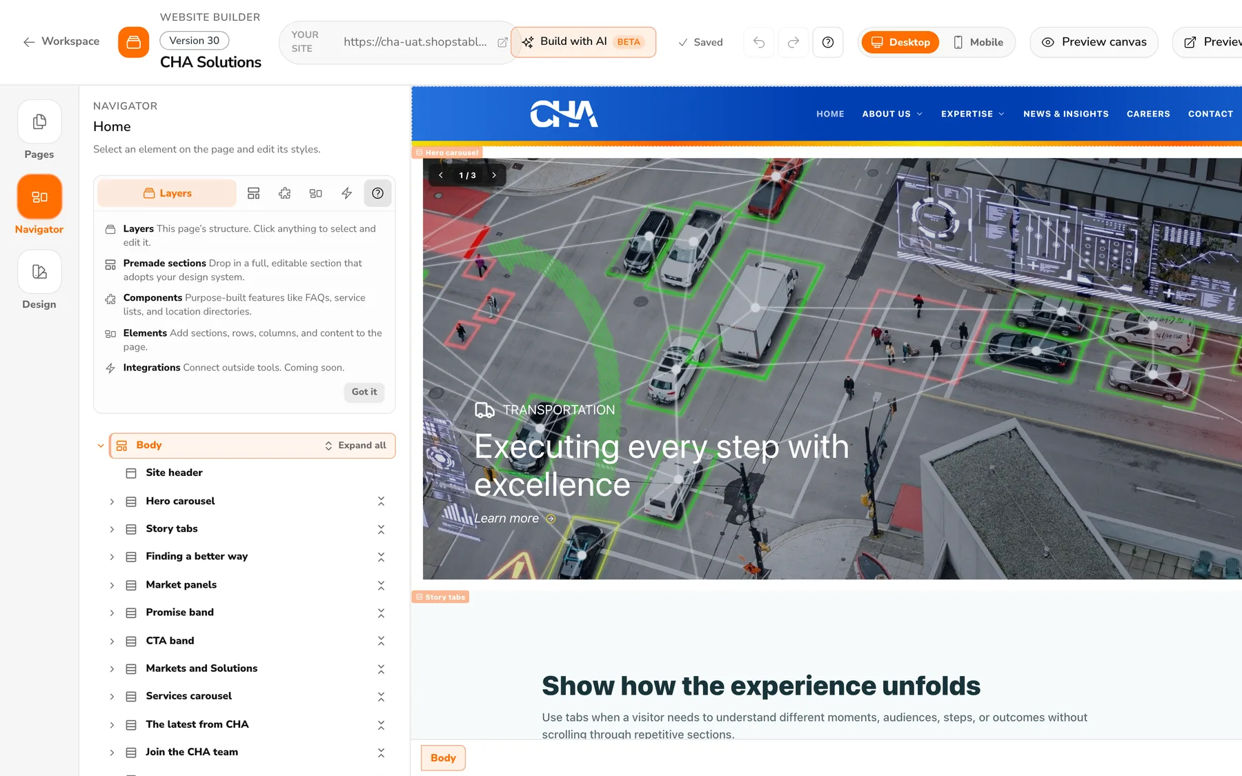 The Website Builder editor: a full business site on the canvas, with the page structure listed in the navigator panel