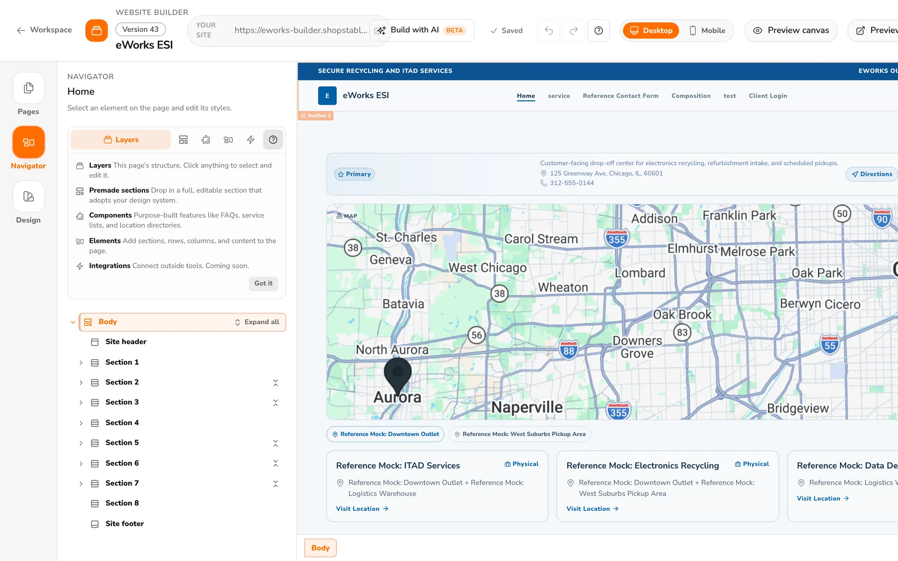 Desktop preview: a business site with a locations map on the editor canvas