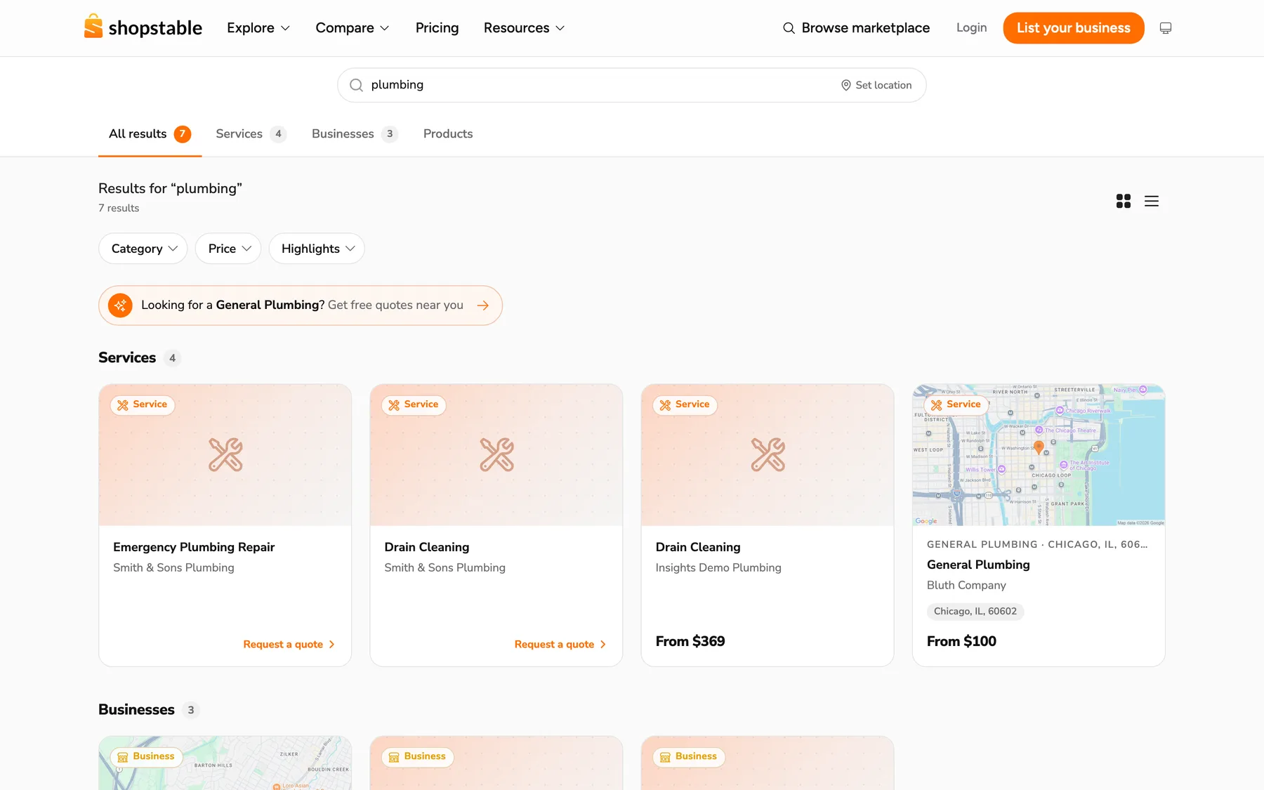 The ShopStable marketplace: a search for plumbing showing local services and businesses with request-a-quote buttons