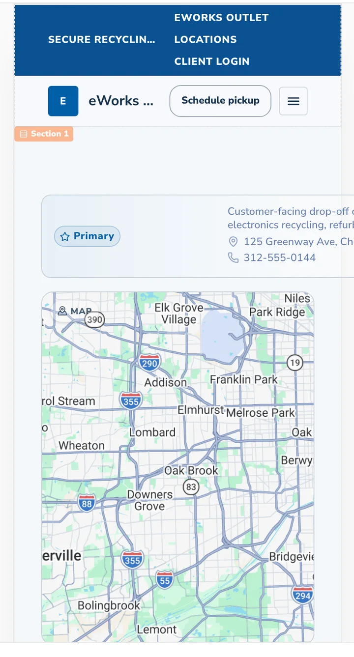 The same site in the phone preview: collapsed navigation and stacked content